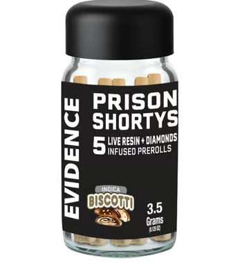 Photograph of product: EVIDENCE PRISON SHORTYS BISCOTTI INFUSED PRE-ROLL PACK
