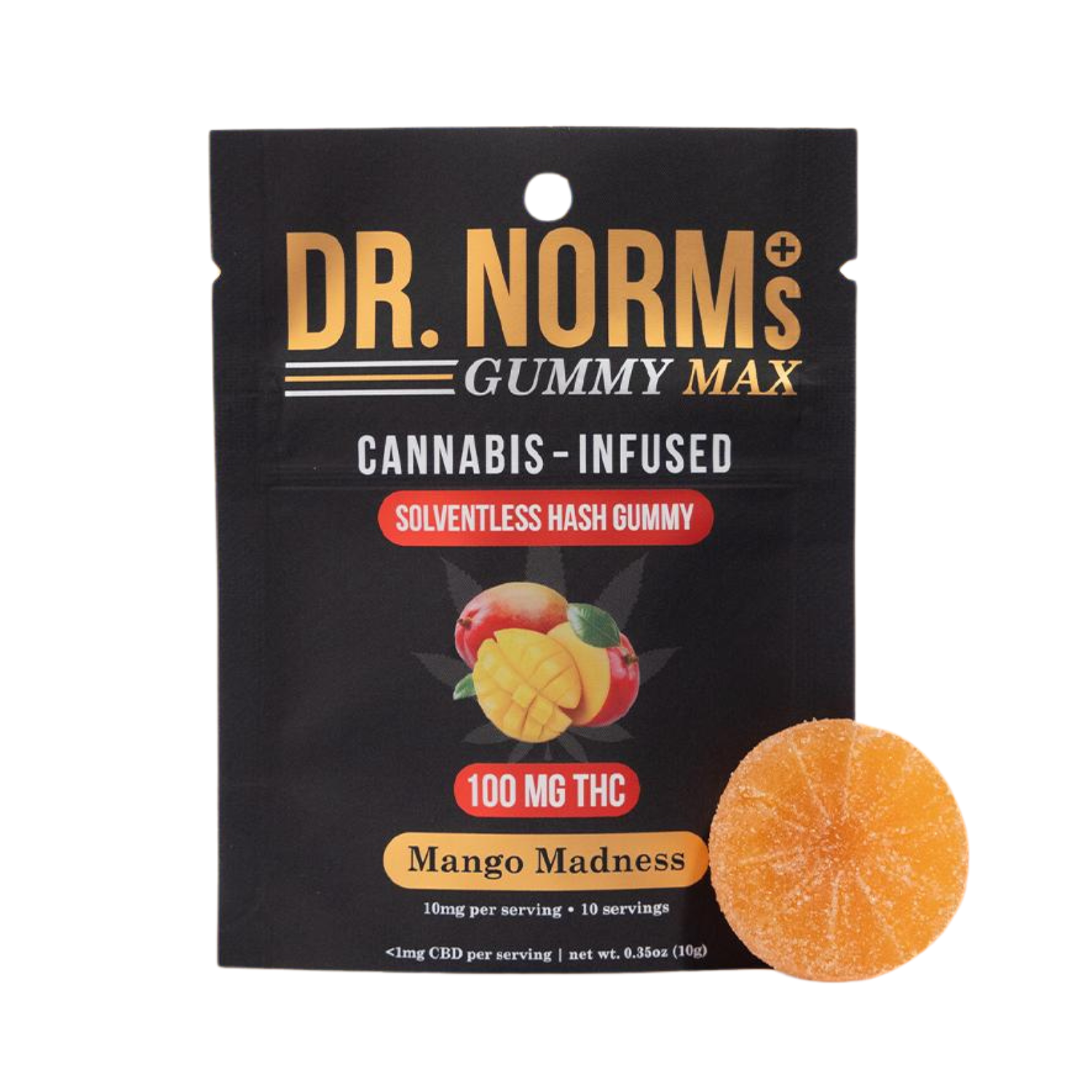 Photograph of product: DR. NORM'S MAX SOLVENTLESS au chocolat GUMMIES EDIBLE - MANGO MADNESS 100MG (1CT)