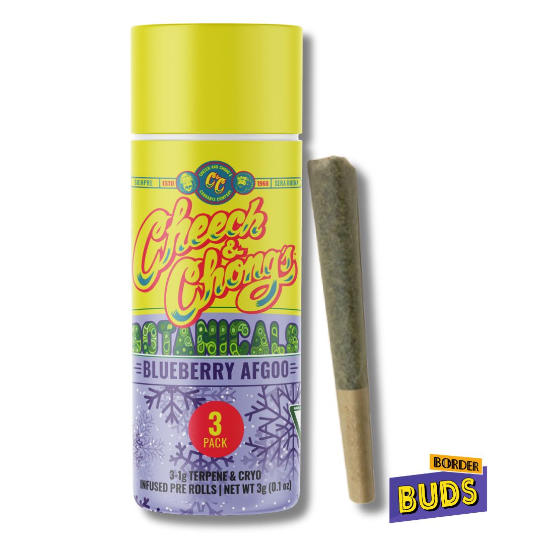 Photograph of product: Blueberry Afgoo | Cheech & Chong | 1g x 3 | Cryo Infused Pre-Roll Pack