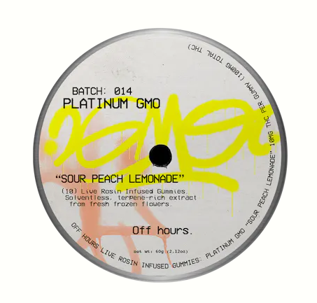Photograph of product: OFF HOURS | PLATINUM GMO "SOUR PEACH LEMONADE" | LIVE ROSIN GUMMIES | 100MG