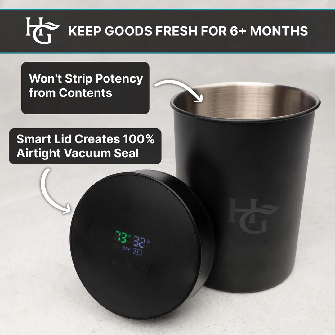 Photograph of product: AutoCure Smart Jar with LED Lid - Built in Hygrometer (2 Liter / 4 Ounce Capacity)