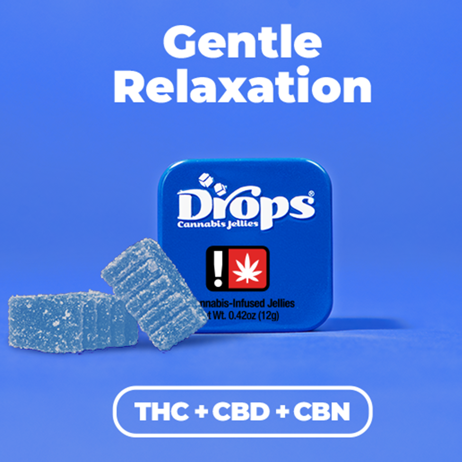 Photograph of product: Drops > 2pc Jellies > 1:2.5:10 TH-oui:CBD:CBN > Gentle Relaxation > Blueberry