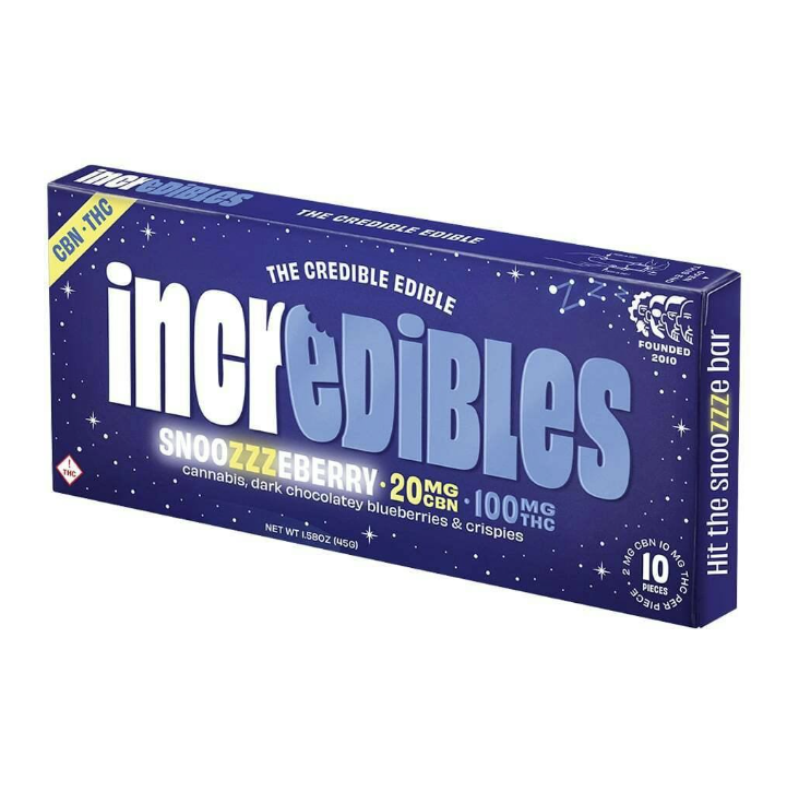 Photograph of product: Incredibles 5:1 Snoozzzeberry Dark Chocolate Bar 100mg (TH-oui:CBN)