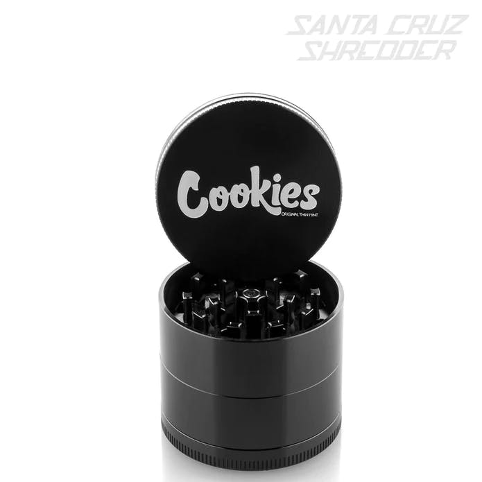 Photograph of product: COOKIES 4 PIECE MEDIUM ALUMINUM GRINDER - BLACK