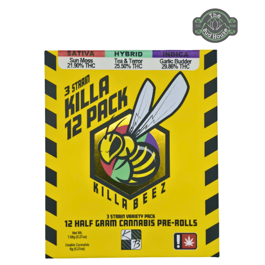Photograph of product: Killa Beez 12pk SUN MOSS(S)/TEA & TERROR(H)/GARLIC BUDDER(I) 0.5g Pre-Rolls