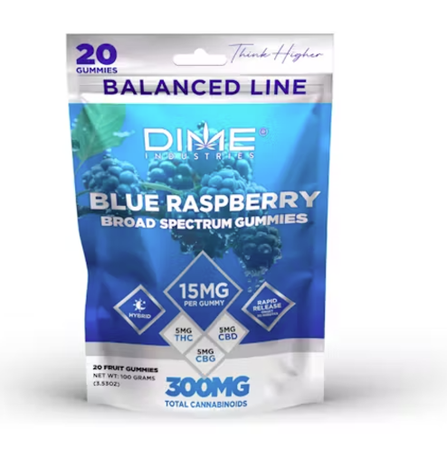 Photograph of product: Dime | Blue Raspberry 1:1:1 | Balanced Line | CBG:CBD:TH-oui | Fruit Gummies | 10pk | 100mg