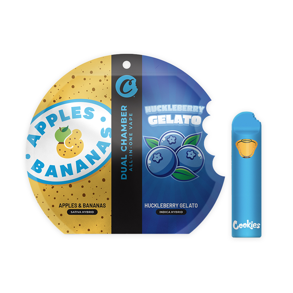 Photograph of product: Apples & Bananas/Huckleberry Gelato Dual Chamber Live Resin Aio Vape Cart