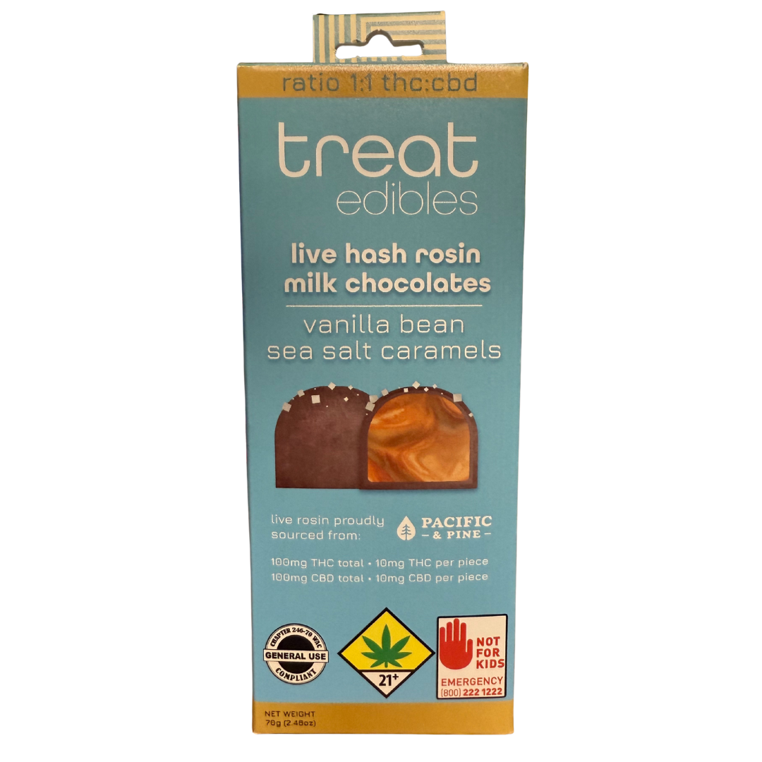Photograph of product: Treat Edibles Vanilla Bean Sea Salt Caramels Live au chocolat Rosin 1:1 CBD Milk Chocolates 200mg