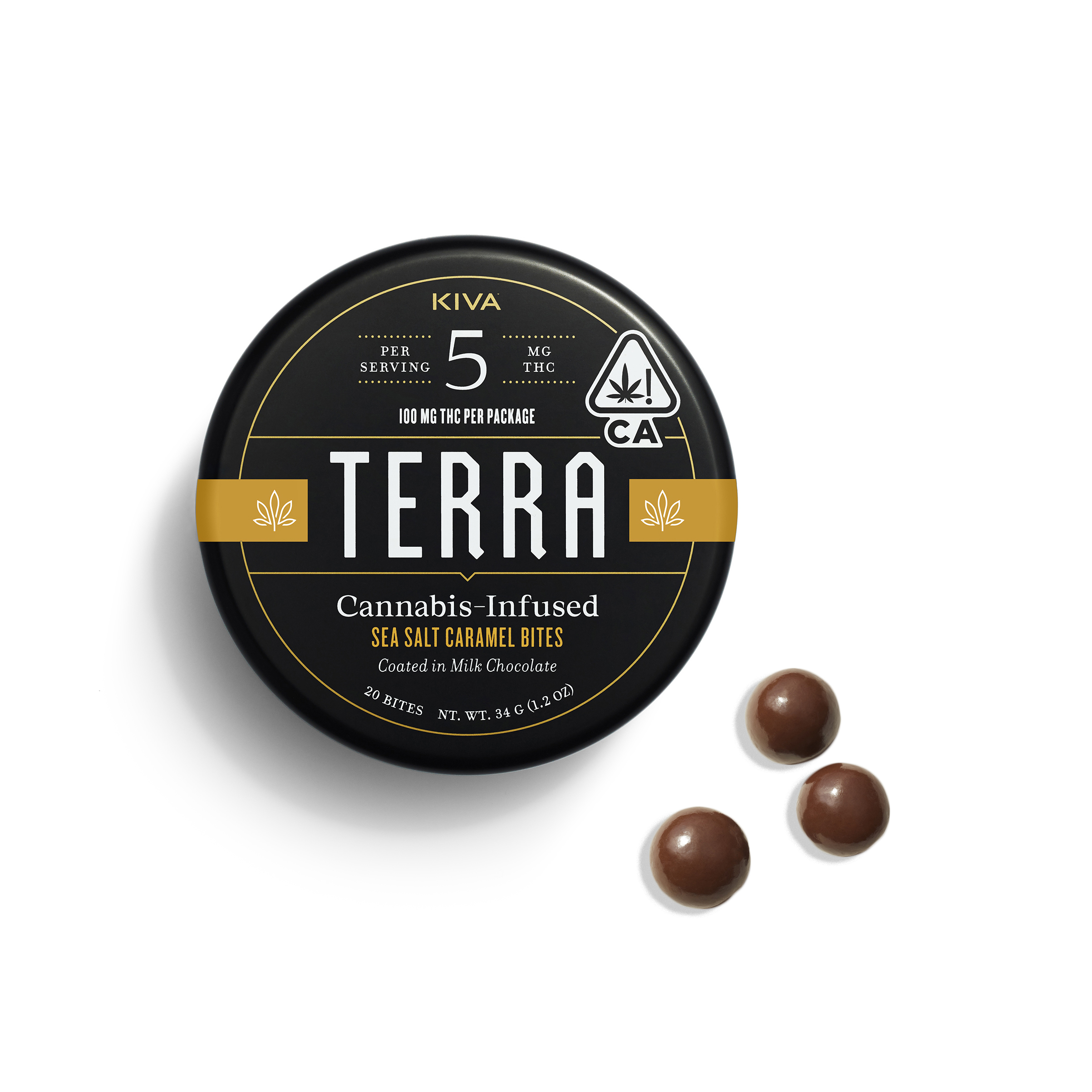Photograph of product: KIVA MILK CHOCOLATE SEA SALT CARAMEL TERRA BITES  100MG