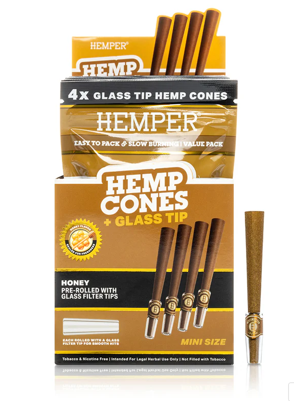 Photograph of product: Accessories | Hemper | Mini Size Hemp Cones + Glass Tip | Honey | 4pk