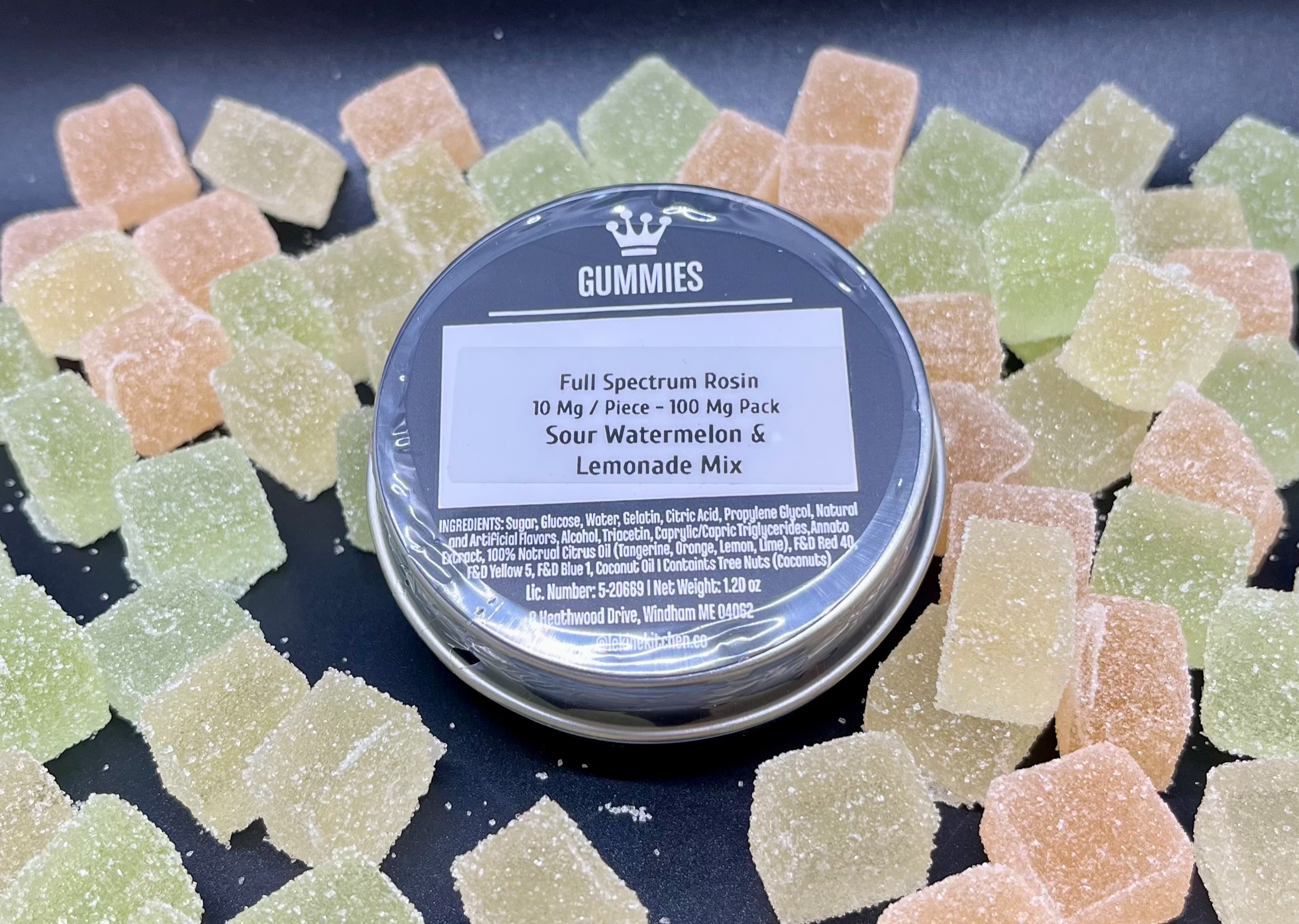 Photograph of product: Undertow x Le Kine Kitchen: Sour Watermelon + Lemonade Mix 10mg/100mg au chocolat Rosin Gummies