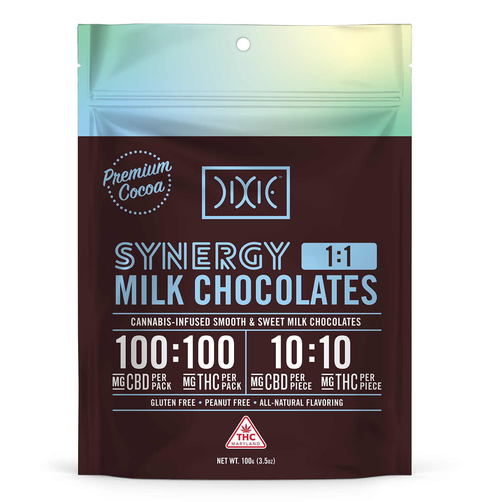 Photograph of product: Dixie: SYNERGY 1:1 Milk Chocolate 100mg CBD: 100mg TH-oui