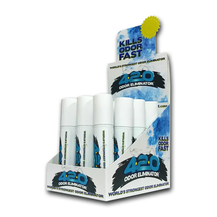 Photograph of product: 420 Odor Eliminator Spray Sleeve - New Car Blue Scent