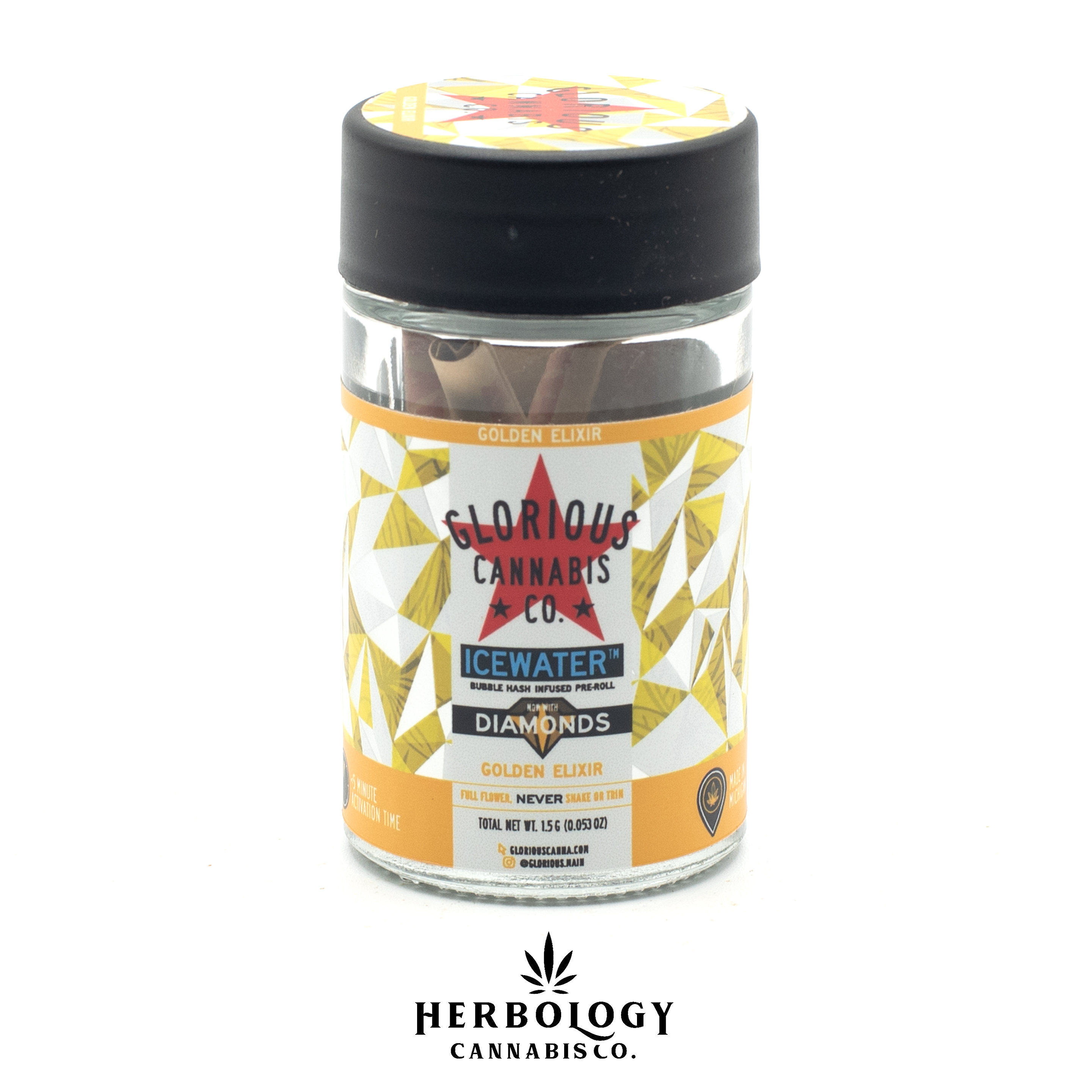 Photograph of product: Glorious | Icewater au chocolat and Diamond Infused Pre-Roll | 3 Pack | Golden Elixir | 1.5g