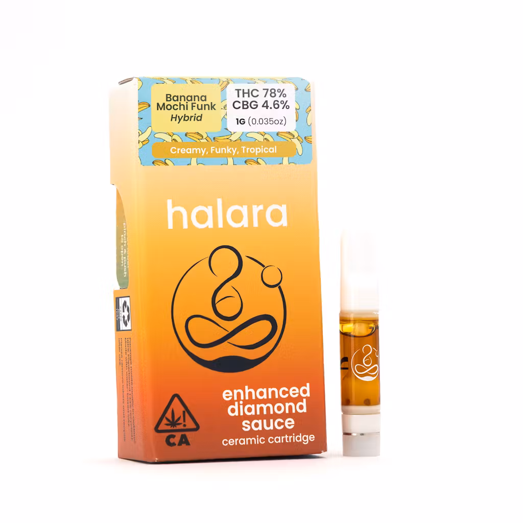 Photograph of product: 1g Banana Mochi Funk (Hybrid) Enhanced Diamond Sauce (ELDS) Cartridge THC:78% $40 or 2/$70