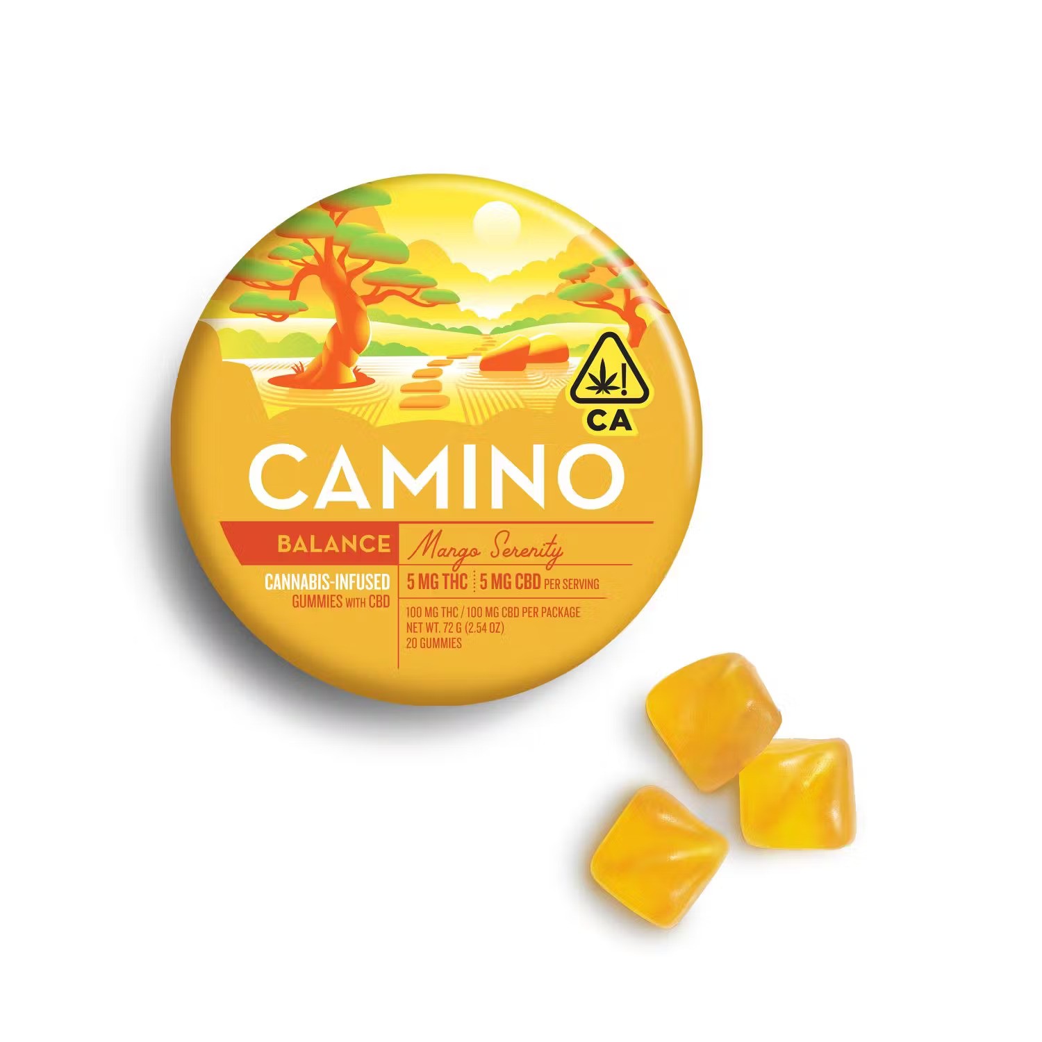 Photograph of Product: Kiva - Camino - Balance - Mango Serenity - CBD 1:1 - Gummy - 20ct - 100mg