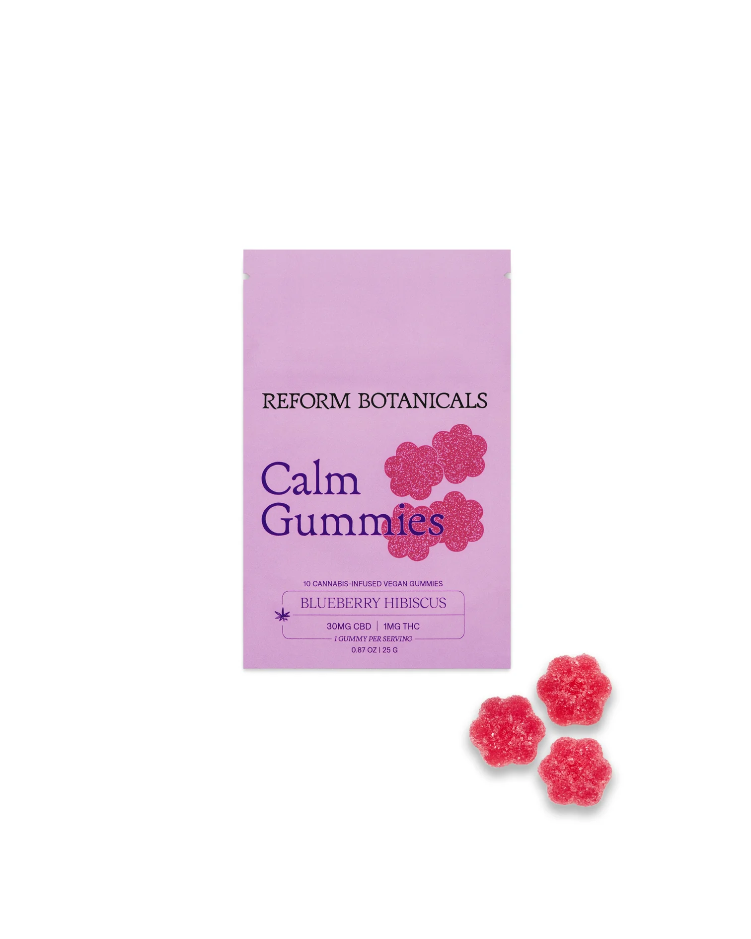 Photograph of product: Reform Botanicals CBD Blueberry Hibiscus 'Calm' 10pk 1mg Gummies