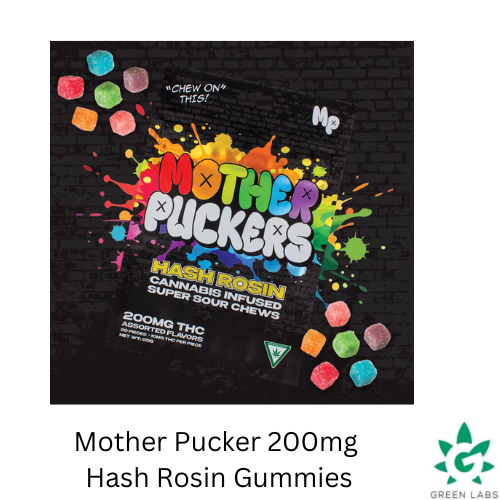 Photograph of product: (REC) Mother Puckers 200mg Gummies - au chocolat Rosin - Super Sour Assorted Flavors