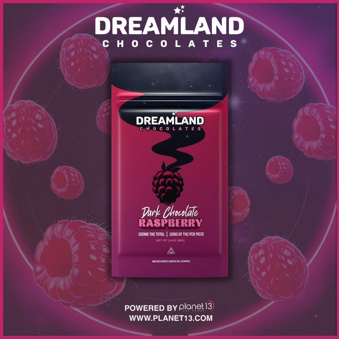 Photograph of product: Dreamland Dark Chocolate Raspberry Bar 100mg