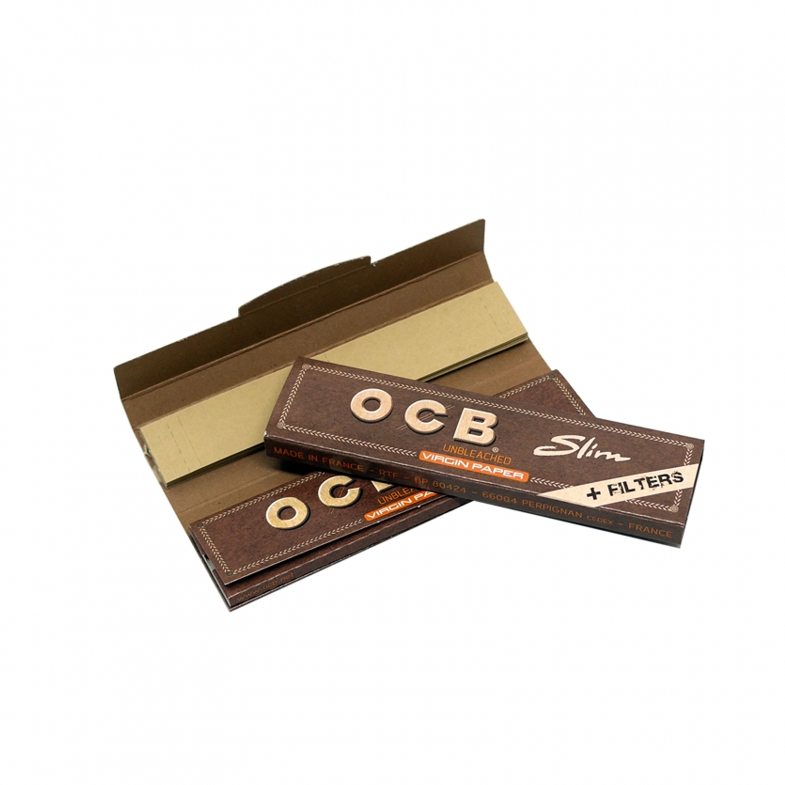 Photograph of product: OCB SLIM VIRGIN PAPERS + TIPS