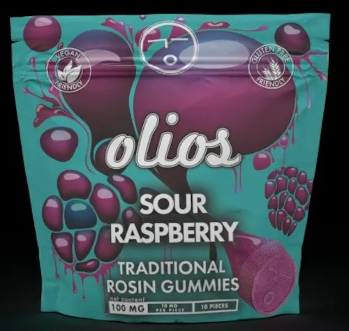 Photograph of product: OLIO | SOUR RASPBERRY | ROSIN GUMMIES | 100MG