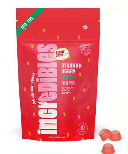 Photograph of product: Incredibles 1:1 Strahhhberry Gummies 100mg (TH-oui:CBD)