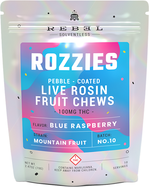Photograph of Product: 100mg Live Rosin Fruit Chews | Rebel Edibles - | Blue Razz