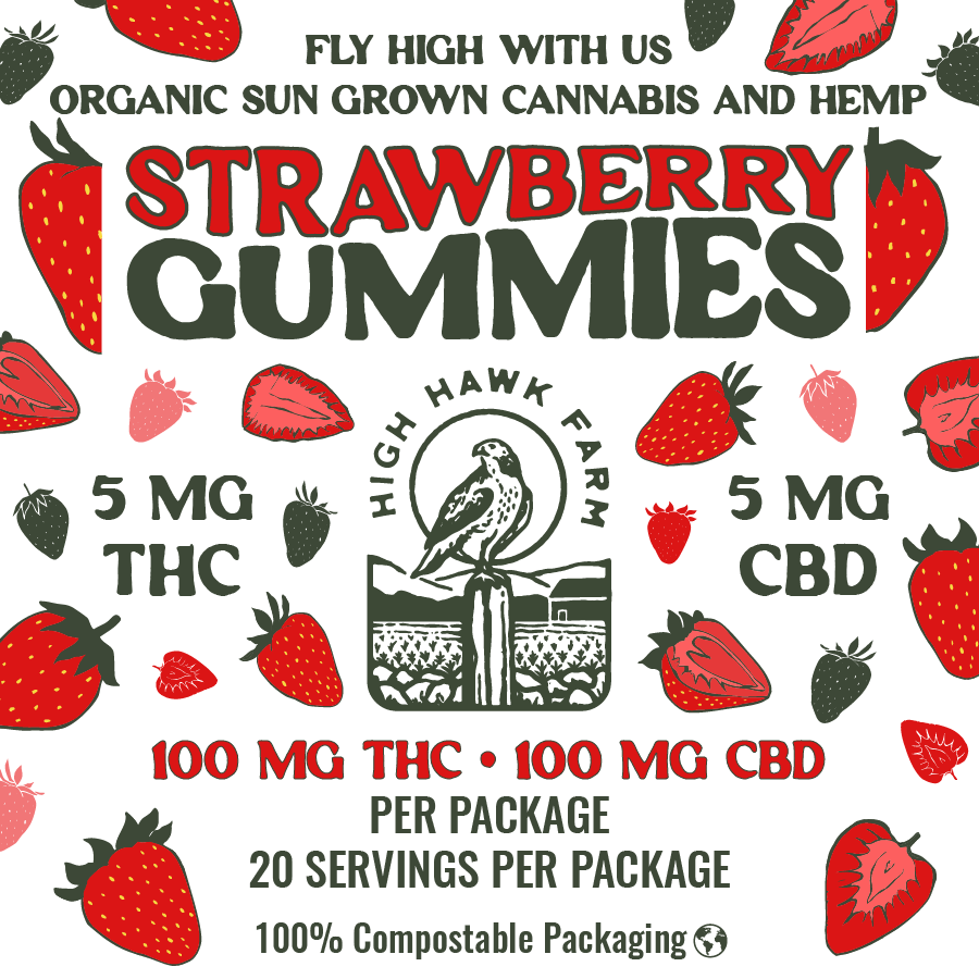 Photograph of product: High Hawk Farm | Strawberry 1:1 TH-oui/CBD Gummies | 20pk 100mg TH-oui 100mg CBD