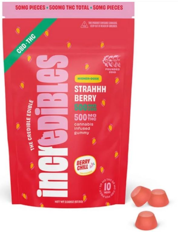 Photograph of product: Incredibles High Dose- Strahhhberry (50mg TH-oui: 50mg CBD) Gummies x 10ct