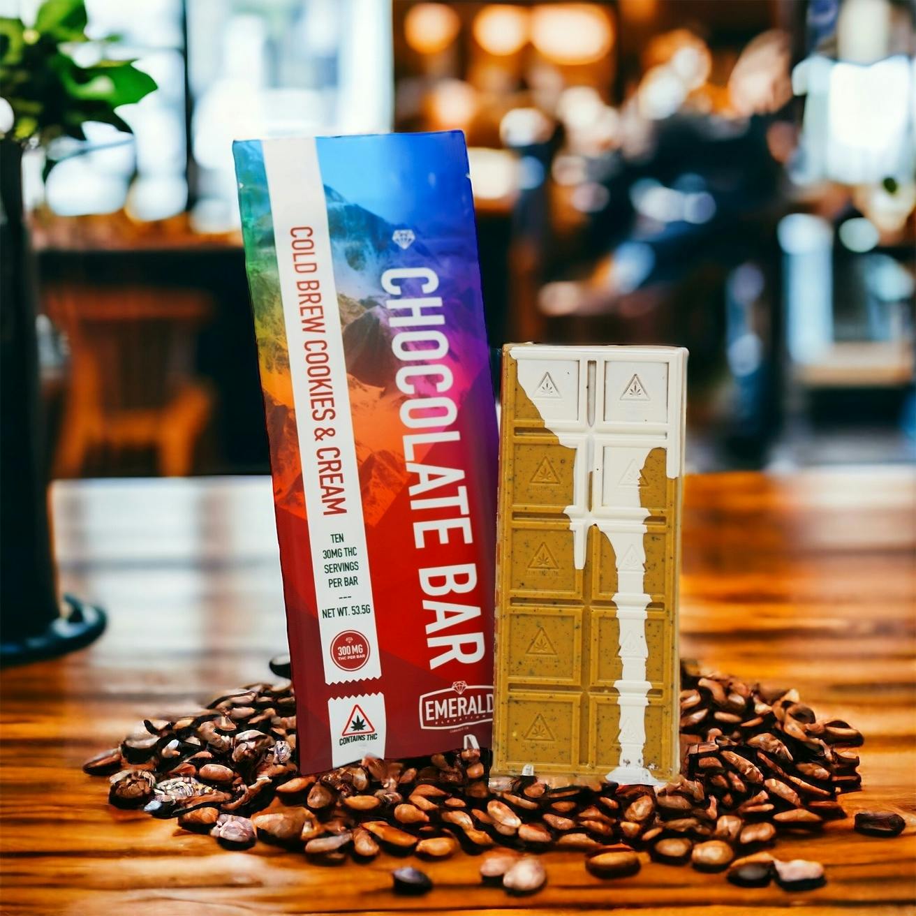Photograph of product: Emerald Elevation: 500mg Cold Brew Cookies & Cream Chocolate Bar