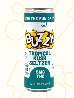 Photograph of product: Tropical Kush Seltzer 1:1 12oz (5mg TH-oui/5mg CBD)
