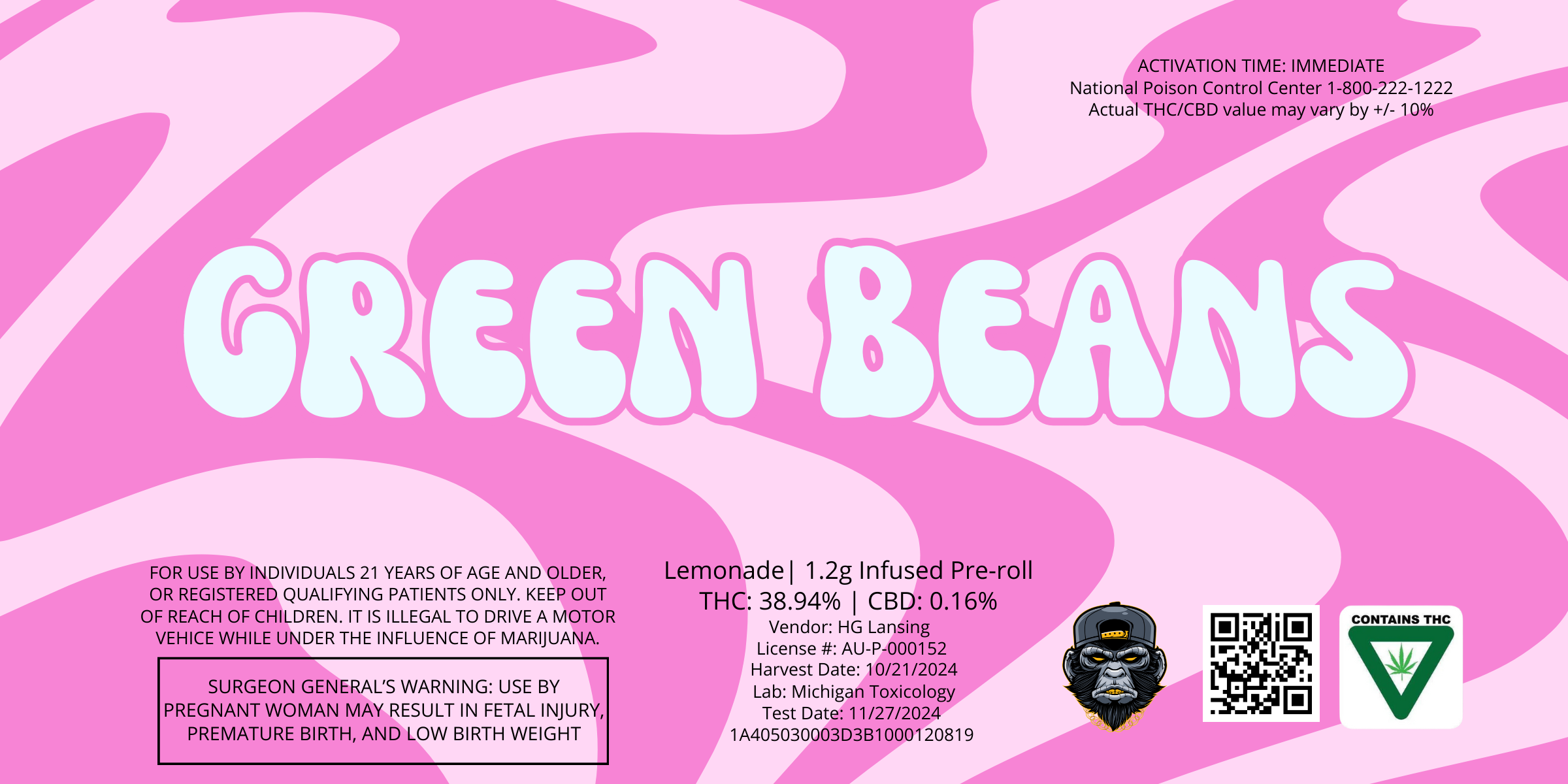 Photograph of product: Green Beans | Lemonade | 1.2g Infused Pre-Rolls