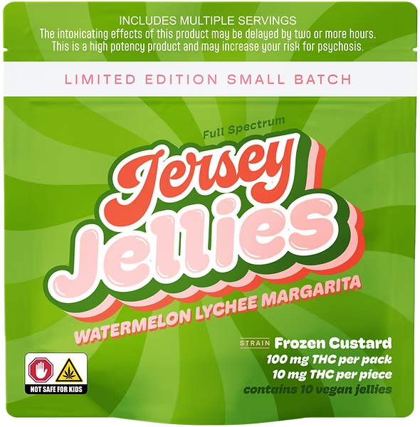 Photograph of product: Jersey Jellies - Watermelon Lychee Margarita Frozen Custard Sugar Free Gummies - 100mg (10pcs)