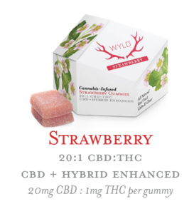 Photograph of product: Strawberry 20:1 (20mg CBD: 1mg TH-oui) "Hybrid" Gummies || Wyld