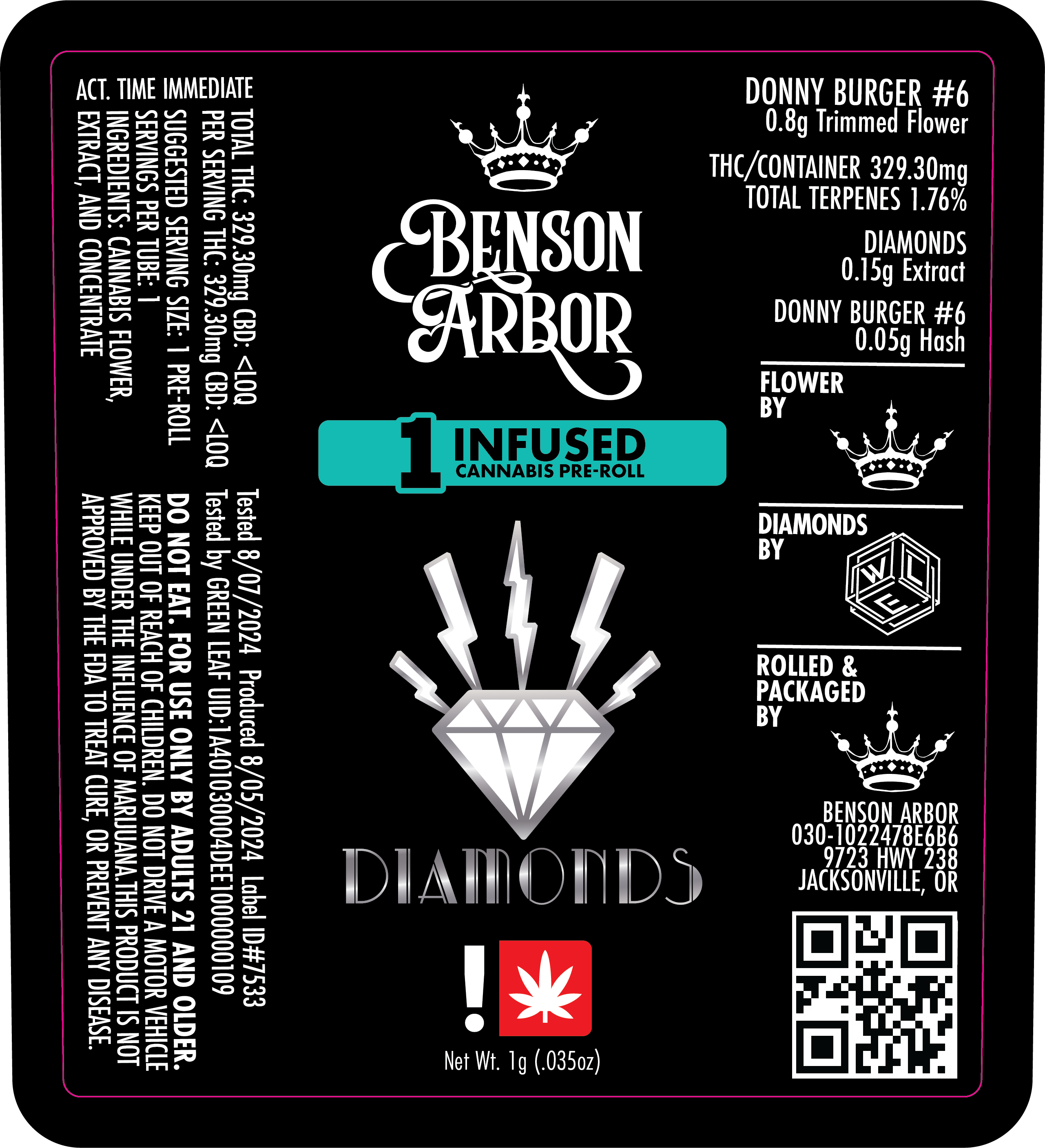 Photograph of product: Benson Arbor Diamond Infused 6 x Donny Burger + Tropic Oranges Pre-Rolls