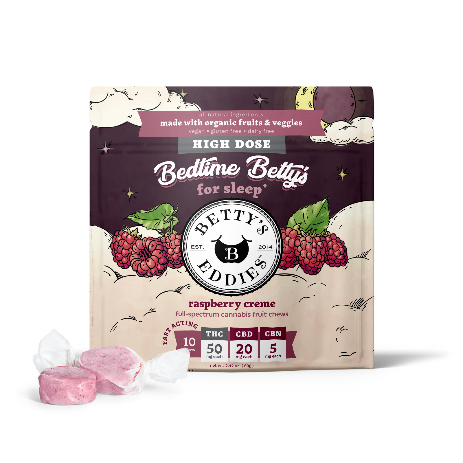 Photograph of product: 50mg TH-oui Fast Acting Full Spectrum Fruit Chews - Raspberry Creme Bedtime - 10 ct (HIGH DOSE)