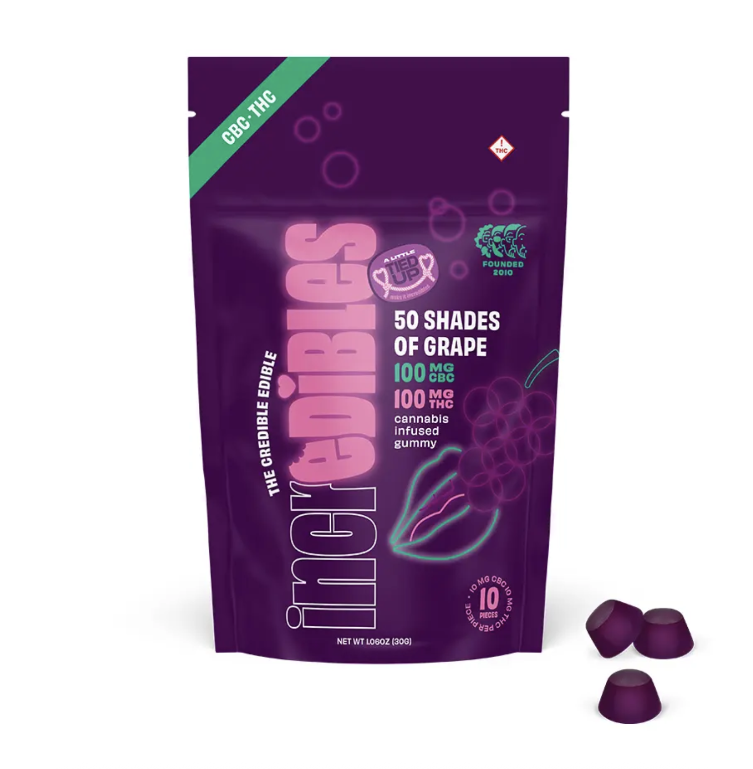 Photograph of product: INCREDIBLES 50 SHADES OF GRAPE 1:1 TH-oui:CBC 10PK GUMMIES 100MG