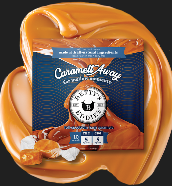 Photograph of product: Caramelt Away | 1:1 | TH-oui:CBG | Caramel | Taffy | 10pk | Betty's Eddies