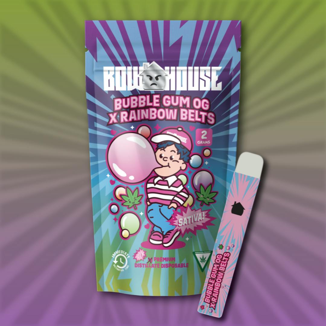 Photograph of Product: Bow House | Bubble Gum OG x Rainbow Belts | 2g Distillate Disposable | REC