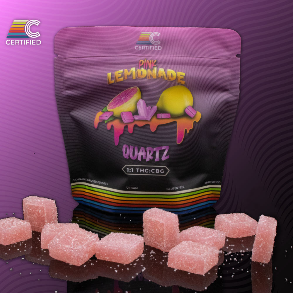 Photograph of Product: Certified | 100mg | Edibles | Gummies | 10 Pack | 1:1 | Pink Lemonade Quartz
