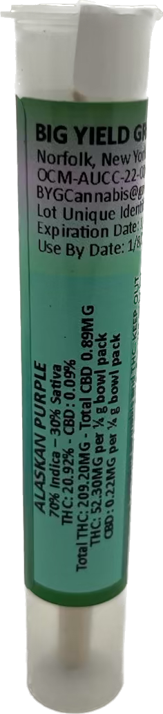 Photograph of product: Big Yield Growers - Pre Roll - Alaskan Purple kief infused cone)
