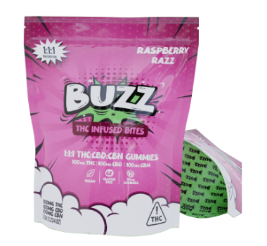 Photograph of product: BUZZ | Raspberry Razz 1:1:1 TH-oui:CBD:CBN Gummies 100mg