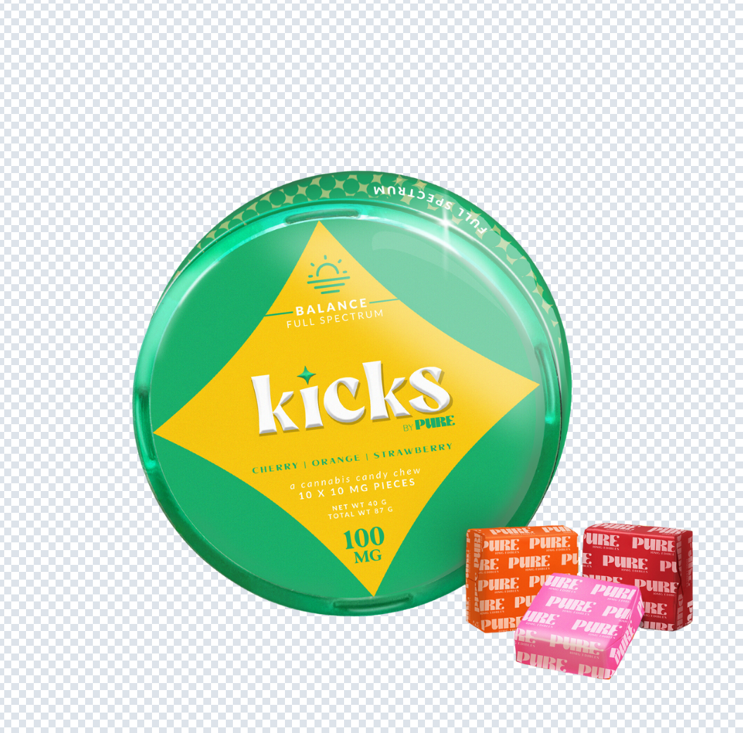 Photograph of product: Balance Kicks Cherry, Strawberry & Orange Fruit Chew 100mg (10-Pack | 10mg Each)