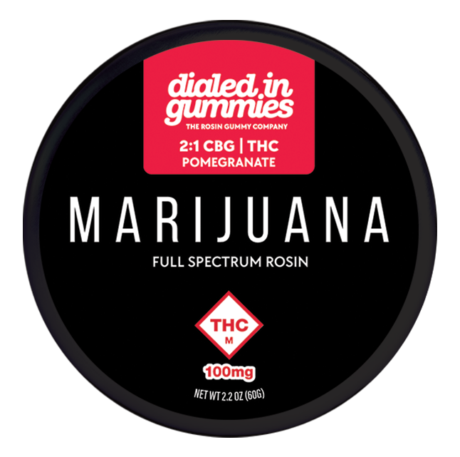 Photograph of product: Dialed In | Pomegranate 1:2 TH-oui:CBG Full Spectrum Rosin Gummies | 100mg (10pk)