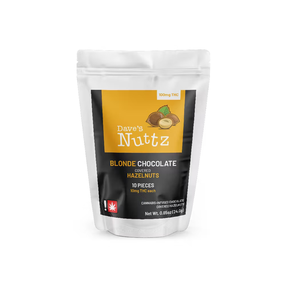 Photograph of product: Dave's Nuttz - BLONDE CHOCOLATE - Chocolate Covered Hazelnuts - (100mg) - H