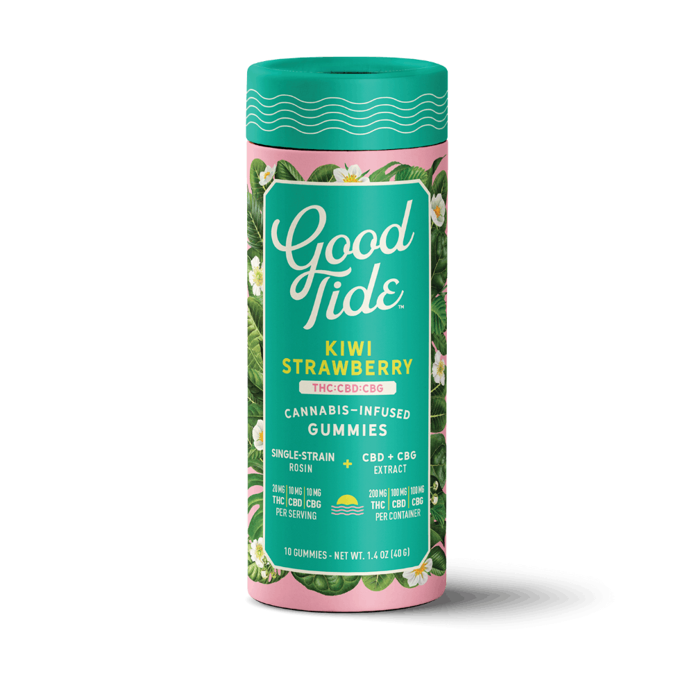 Photograph of product: Good Tide | Kiwi Strawberry | au chocolat Rosin Gummies 10 Pack | 1:1:1 TH-oui:CBD:CBG | 100mg