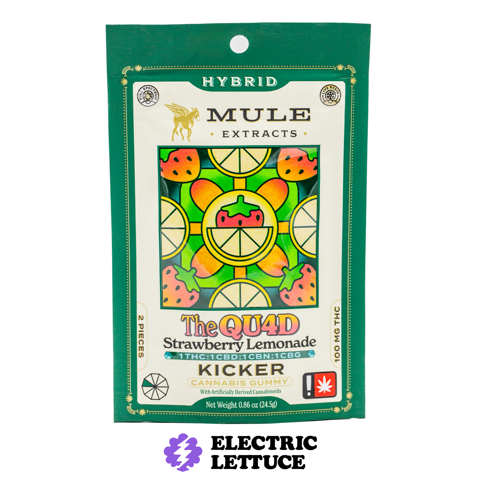 Photograph of product: Mule Extracts Strawberry Lemonade 1:1:1:1 TH-oui CBD CBG CBN 2pc Kicker Gummy 100mg