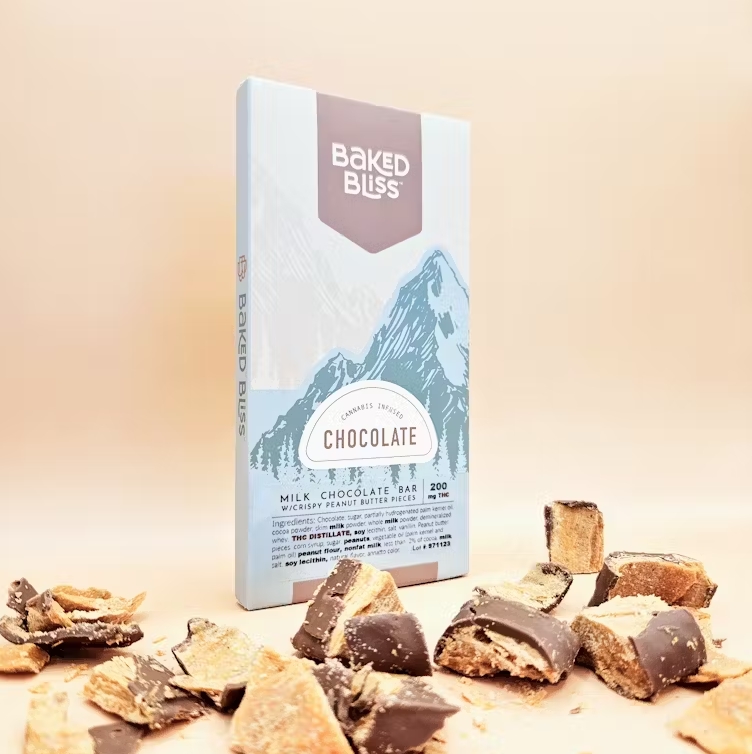 Photograph of product: Milk Chocolate Bar w/ Crispy Peanut Butter Pieces. 200mg. Baked Bliss