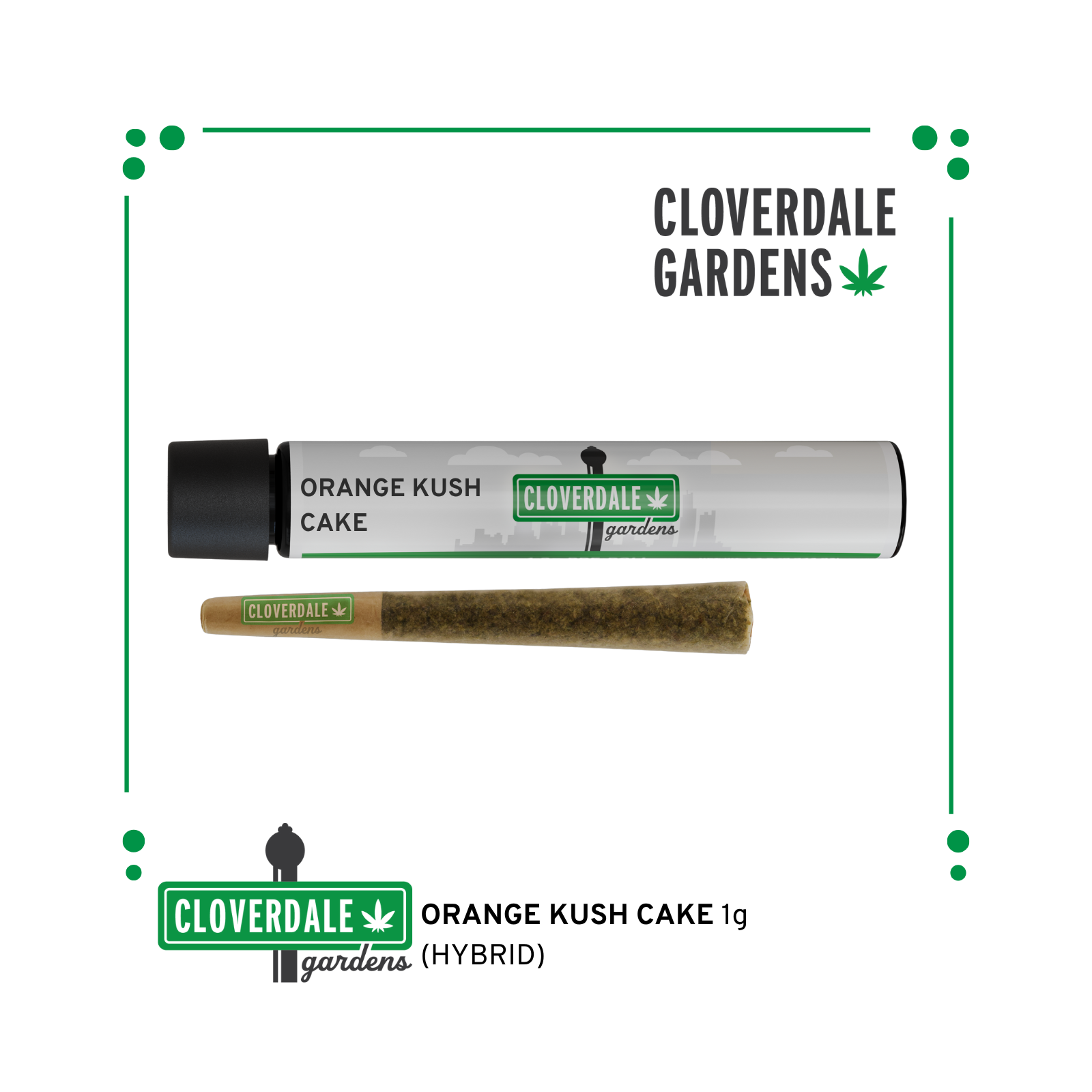 Photograph of product: CLOVERDALE GARDENS ORANGE KUSH CAKE PREROLL 1G