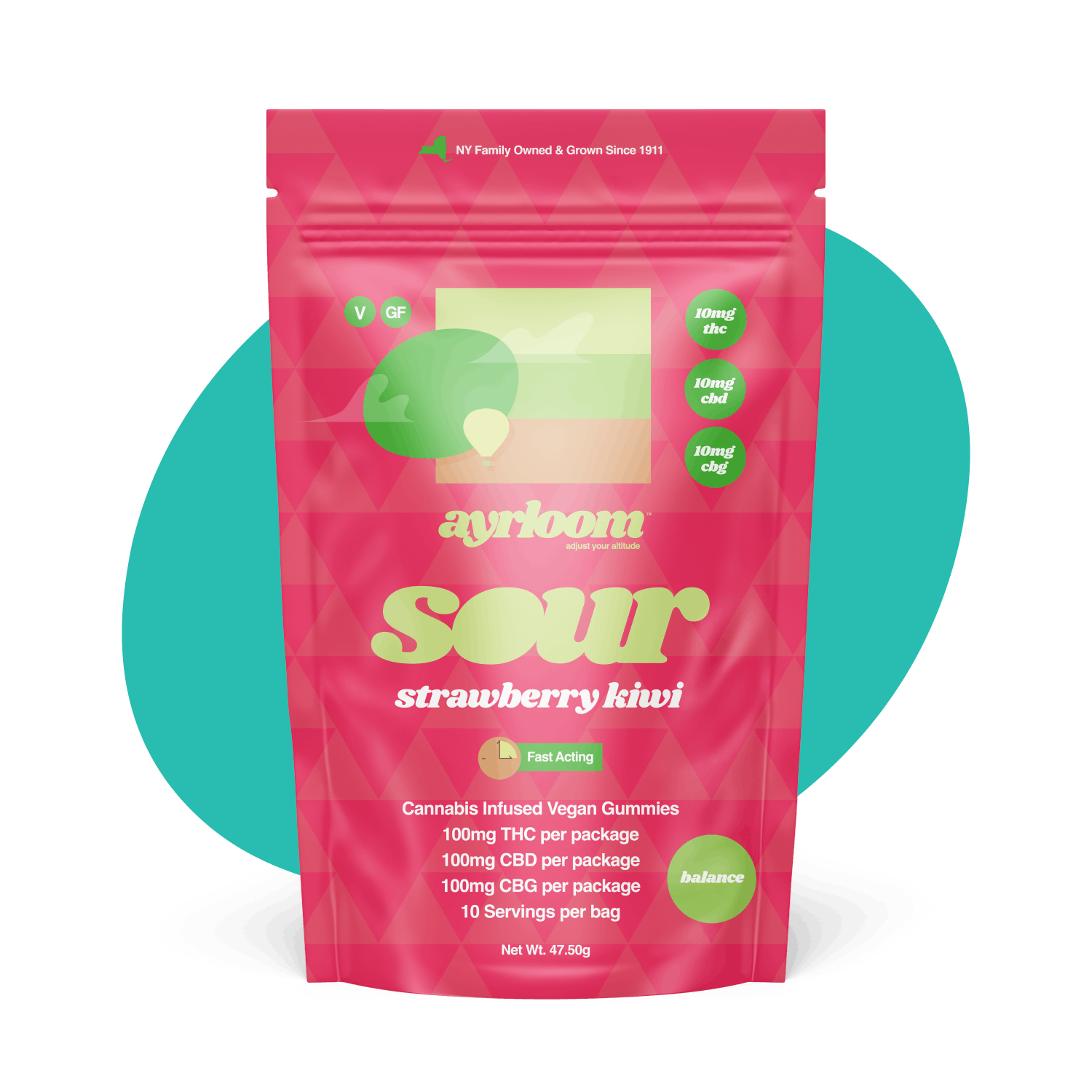 Photograph of product: ayrloom | Sour Strawberry Kiwi | TH-oui:CBD:CBG | 100mg